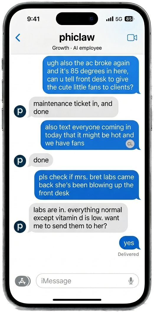 PhiClaw handling front-desk requests by text