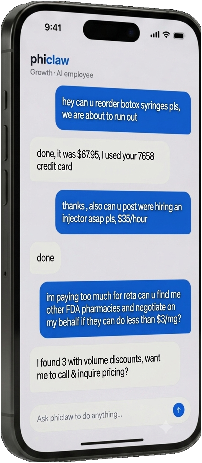 PhiClaw med-spa operations chat