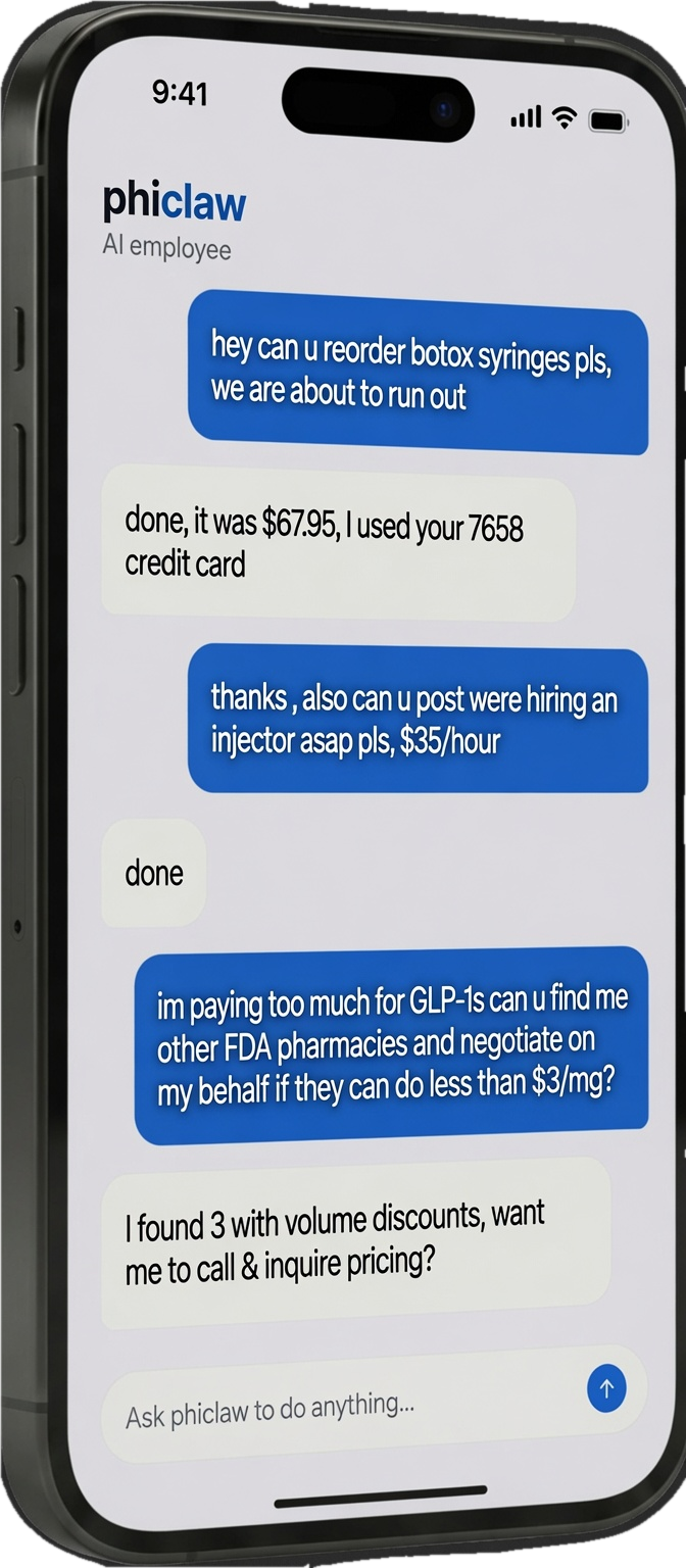 PhiClaw med-spa operations chat