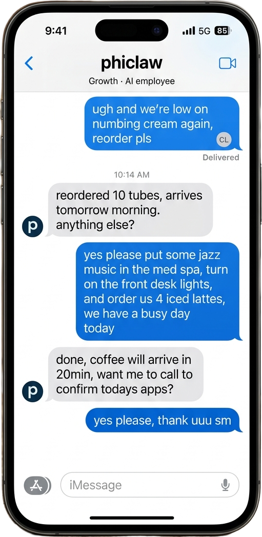PhiClaw med spa client chat